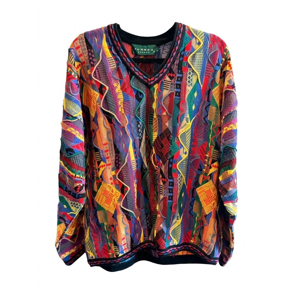 Tundra Canada VTG 3D Knit Sweater XL Multi-Color Coogi Style Mercerized Cotton